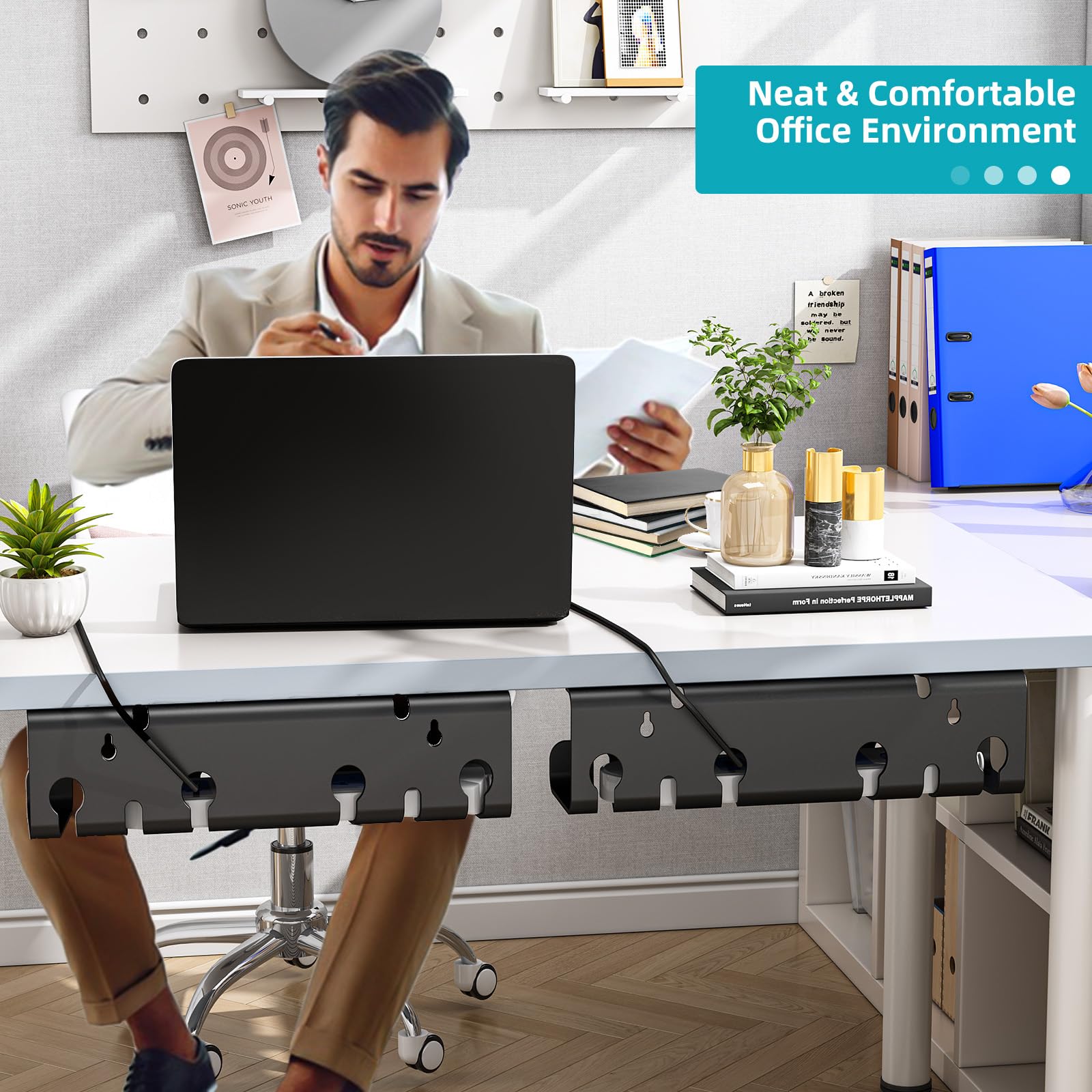 StowBin 2-Pack Under Desk Cable Management Tray, Cable Management Tray, Metal Mesh Cable Management Under Desk with Clamp Mount, Wire Management Tray, Black, Cord Organizer for Office/Home