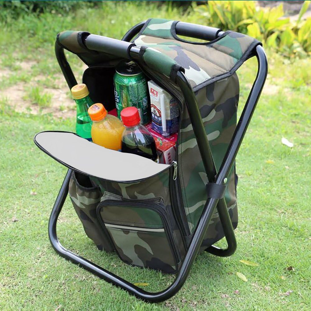 Zology Folding Camping Chair Stool Backpack with Cooler Insulated Picnic Bag, Camouflage Portable Hiking Seat Table Bag for Outdoor Indoor Fishing Travel Beach BBQ