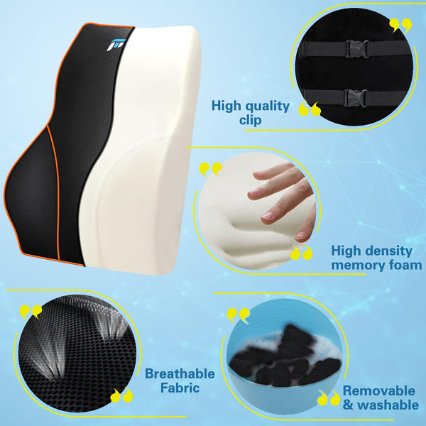 POOTACK Lumbar Support Cushion, Memory Foam Back Support Cushion Lumbar Support for Office Chair, Car Seat, Recliner, with Extension Strap and Mesh Cover