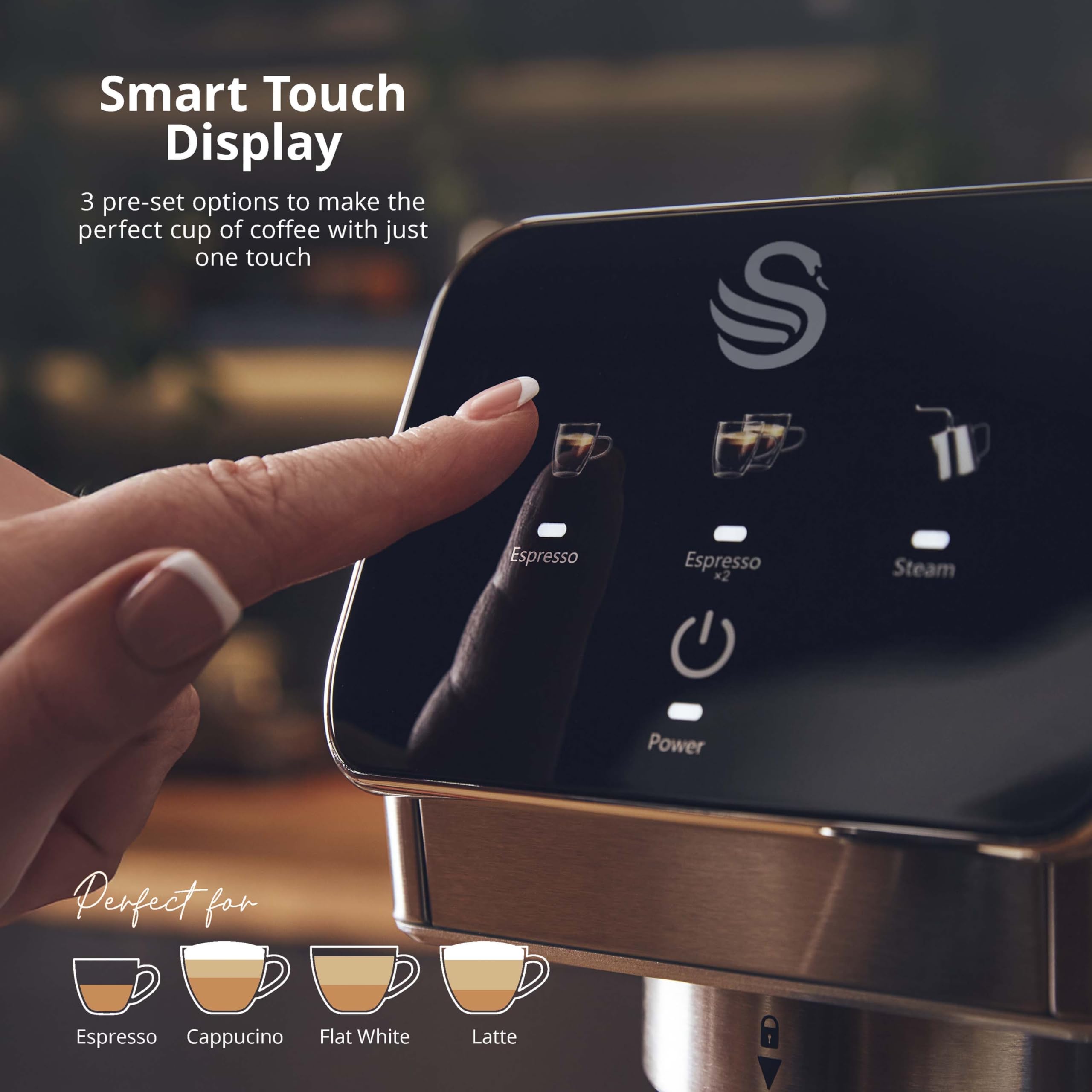 Swan SK22154 Pump Espresso Digital Coffee Machine, Digital Touch Controls with 8 Pre-Sets, 20 Bar Pressure, Built-in Automatic Milk Frother with 500ml Tank, Black