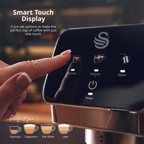 Swan SK22154 Pump Espresso Digital Coffee Machine, Digital Touch Controls with 8 Pre-Sets, 20 Bar Pressure, Built-in Automatic Milk Frother with 500ml Tank, Black