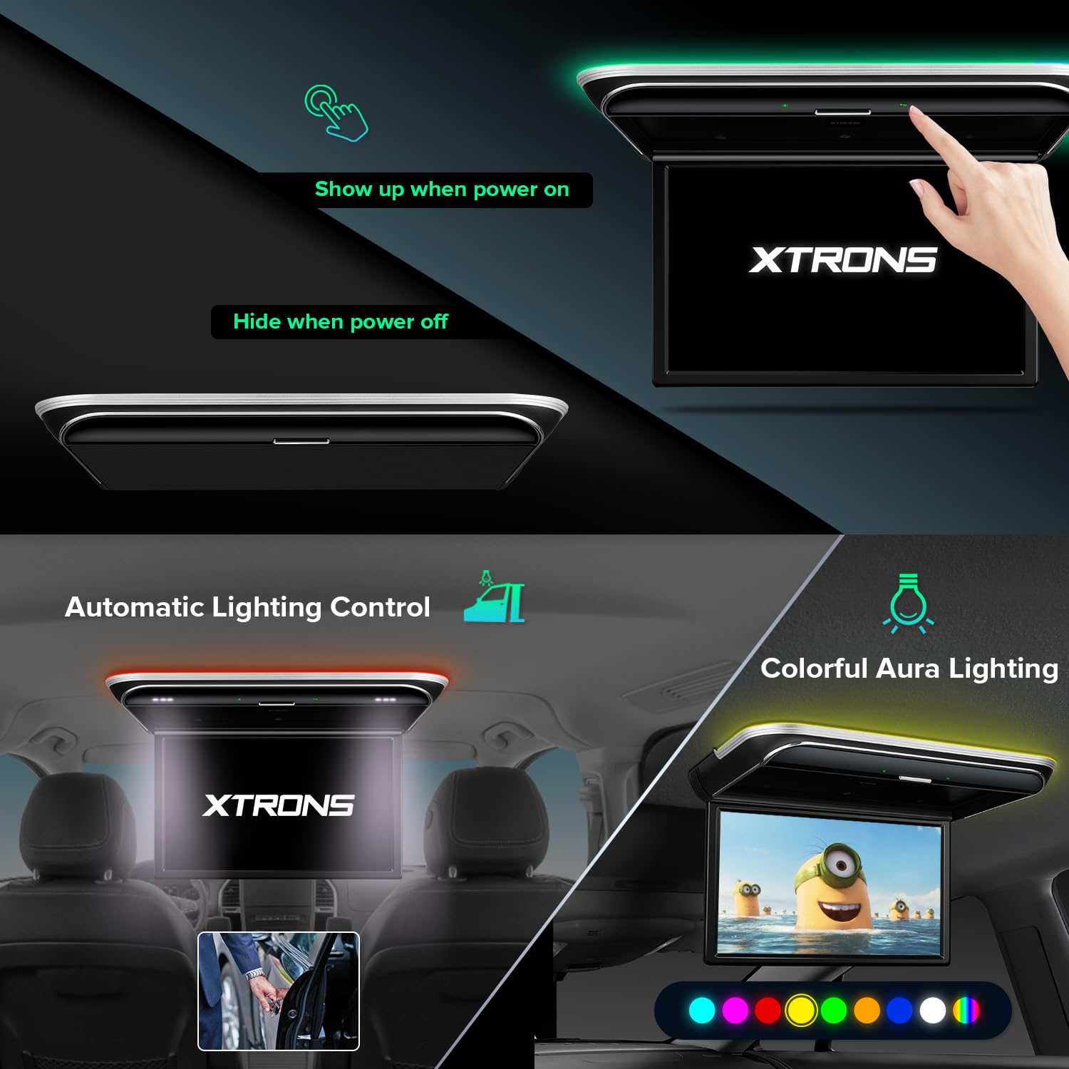 XTRONS 17.3-inch FHD Android 9.0 Car Overhead Flip Down Mount Monitor 8K 1080P IPS Screen Octa-core Car Roof Multimedia Player Car Video With Superior Sound and Screen Mirroring Support HDMI/USB/AV/IR