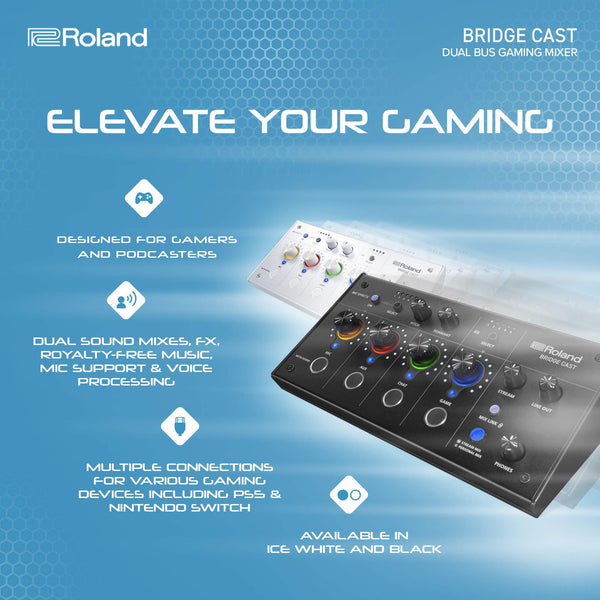 Roland BRIDGE CAST ONE Dual Bus Streaming Mixer Compact Audio Streaming Mixer For Online Gamers & Content Creators 32-Bit Hardware DSP USB-C Windows and Mac Connectivity XLR Mic Support