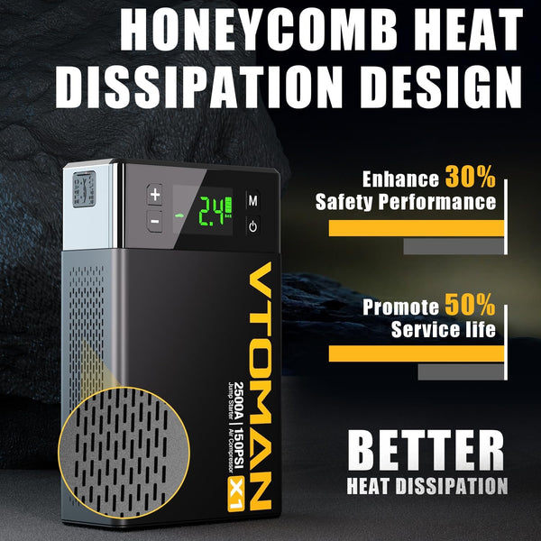 VTOMAN X1 Jump Starter Power pack with Air Compressor 2500A, Portable Car Battery Booster Jump Starter (Up to 8.5L Gas/6.0L Diesel Engines) Jump Pack with 150PSI Digital Tire Inflator