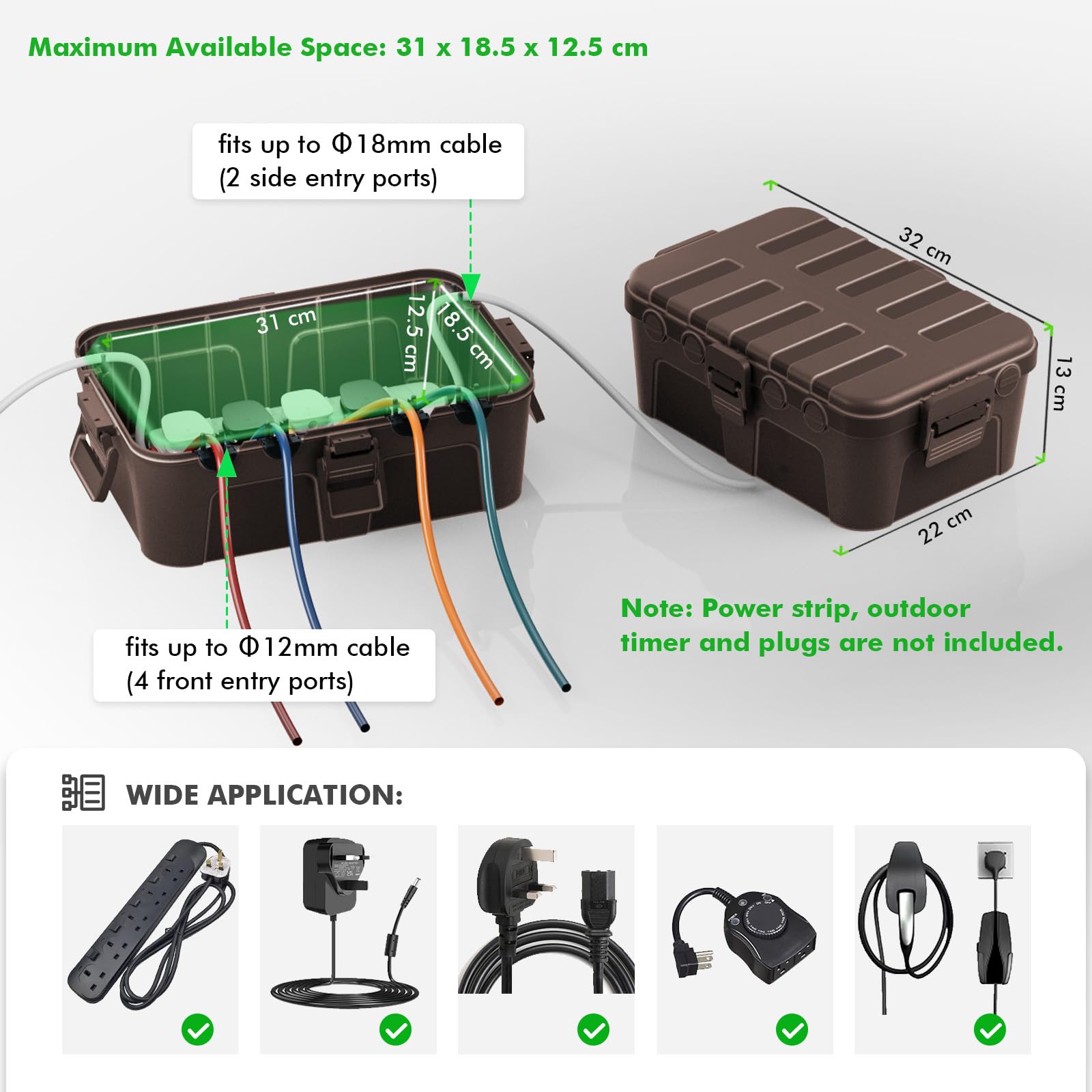 RESTMO Extra Large Waterproof Electrical Box, IP54 Weatherproof Outdoor Outlet Cover, Protect Outlet, Plug, Timer, Power Strip (Not Included), Holiday Light Decoration, 32 x 22 x 13 cm, Black