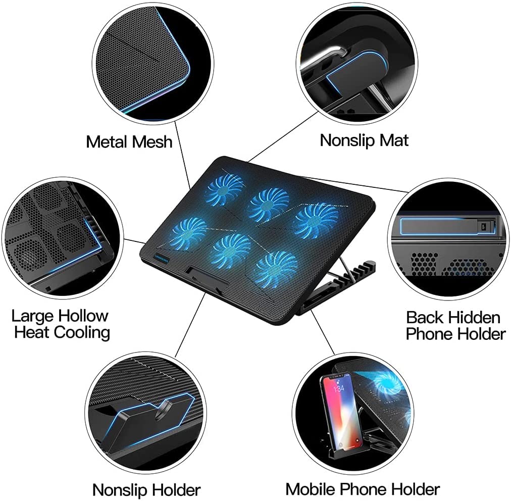 LIANGSTAR Laptop Cooling Pad, Laptop Cooler with 6 Quiet Fans at 2100RPM, Laptop Stand with Phone Holder, 7 Heights Adjustable & USB Powered, suitable for 12-17 Inch, Blue