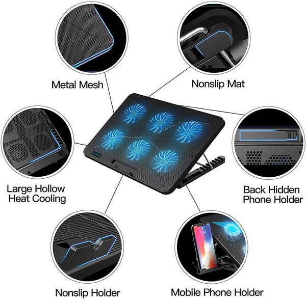 LIANGSTAR Laptop Cooling Pad, Laptop Cooler with 6 Quiet Fans at 2100RPM, Laptop Stand with Phone Holder, 7 Heights Adjustable & USB Powered, suitable for 12-17 Inch, Blue