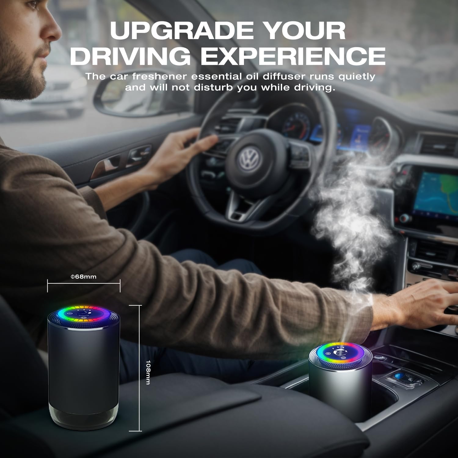 SALUBRITO Smart Car Air Fresheners with Rhythmic Atmosphere Light, Car Aroma Diffuser with 50ml Cologne Perfume, Auto On/Off, Intelligent Induction Vibration, Battery Powered, 4 Month Supply, Black