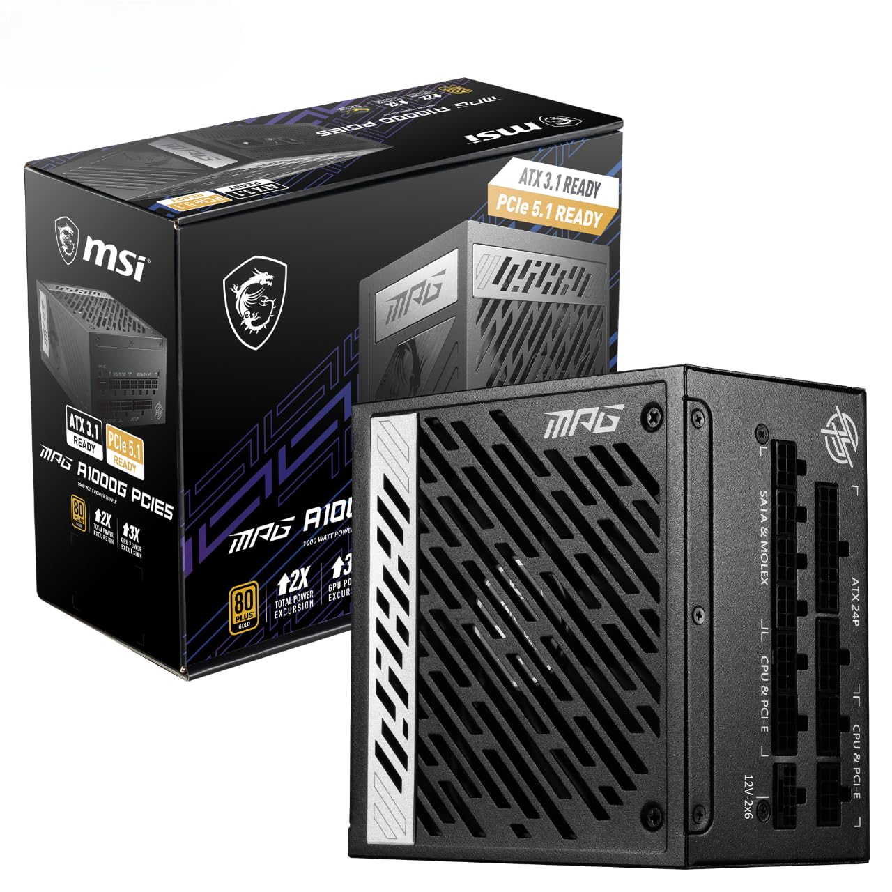 MSI MPG A1000G PCIE5 Power Supply Unit, UK Plug - 1000W, 80 Plus Gold Certified, Fully Modular ATX 3.0, PCIe 5.0 GPU Support, Japanese 105°C Capacitors, 0% RPM Mode, Flat Cables - 10 Year Warranty