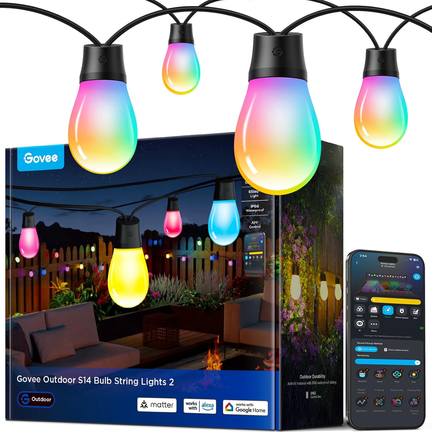 Govee Outdoor String Lights 15M, Smart RGBIC Dimmable Lights Warm White LED Bulbs, IP66 Waterproof Garden Lights with 111 Scene Modes, Works with Alexa, Google Assistant, Matter for Backyard, Party