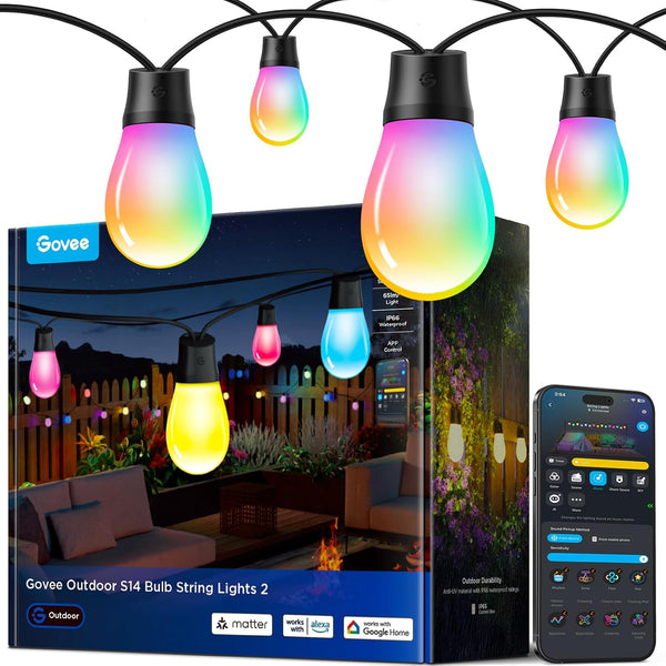 Govee Outdoor String Lights 15M, Smart RGBIC Dimmable Lights Warm White LED Bulbs, IP66 Waterproof Garden Lights with 111 Scene Modes, Works with Alexa, Google Assistant, Matter for Backyard, Party