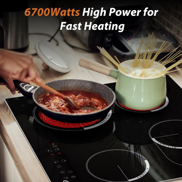 Cooksir Electric Hob 60cm, Ceramic Hob 4 Ring 6700W, Electric Hob 4 Zone with Expandable Dual and Oval Zone, Built-in Hob with Frame, Timer, Safety Lock, 220-240V(No Plug)