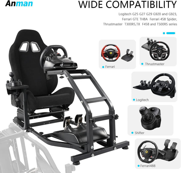 Anman Racing Simulator Cockpit Height Adjustable Racing Wheel Frame Gaming Compatible with Logitech G25, G27, G29, G920 Gaming Cockpit G25/G27/G29/G920 Wheel Handbrake Shifter and Pedals Not Included