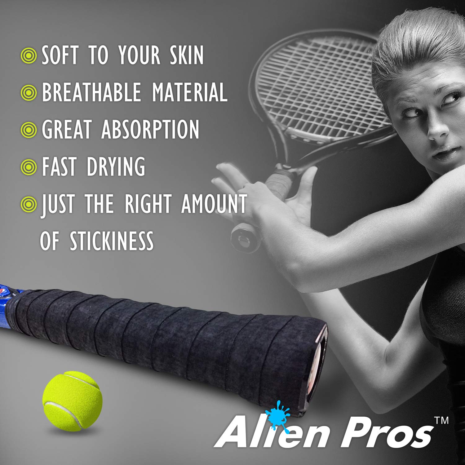 Alien Pros Tennis Racket Grip Tape (60 Grips) ? Precut and Light Tac Feel Tennis Grip ? Tennis Overgrip Grip Tape Tennis Racket ? Wrap Your Racquet