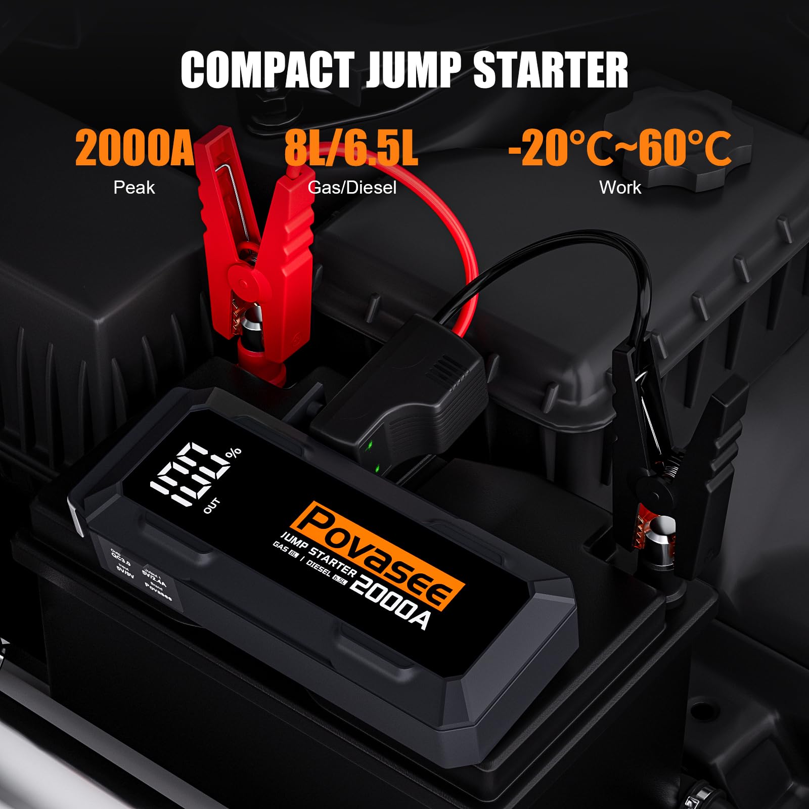 Povasee Jump Starter Power Pack, 2000A Car Battery Booster Jump Starter (up to 8L Gas or 6.5L Diesel) with 3" LCD Display, Car Starter with 2 USB Ports, Jump Leads and LED, Jump Pack for 12V Vehicles