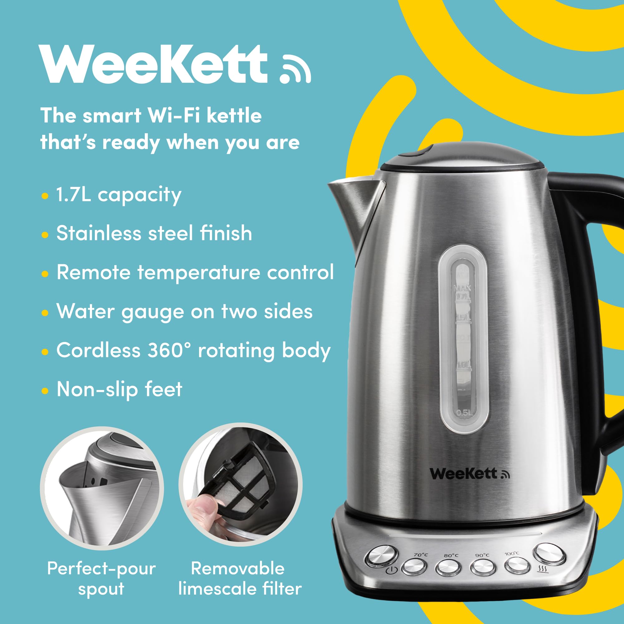 Alexa Smart Kettle, 1.7L - Smart Home Voice Control Kettle - Stainless Steel Kettle with Variable Temperature Control & Keep Warm Function - Energy