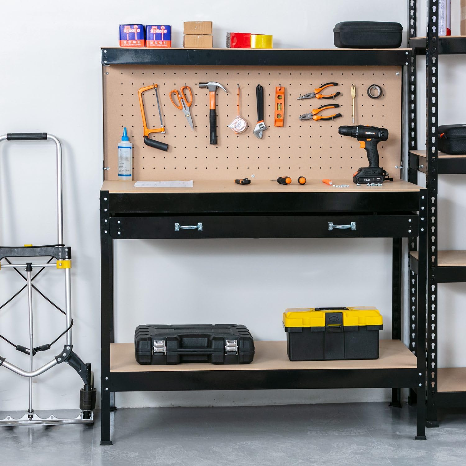 SwitZer New Red Steel Garage Tool Box Toolbox Work Bench Workbench Storage With Drawers Pegboard and 20 Pegs Shelf DIY Workshop Station