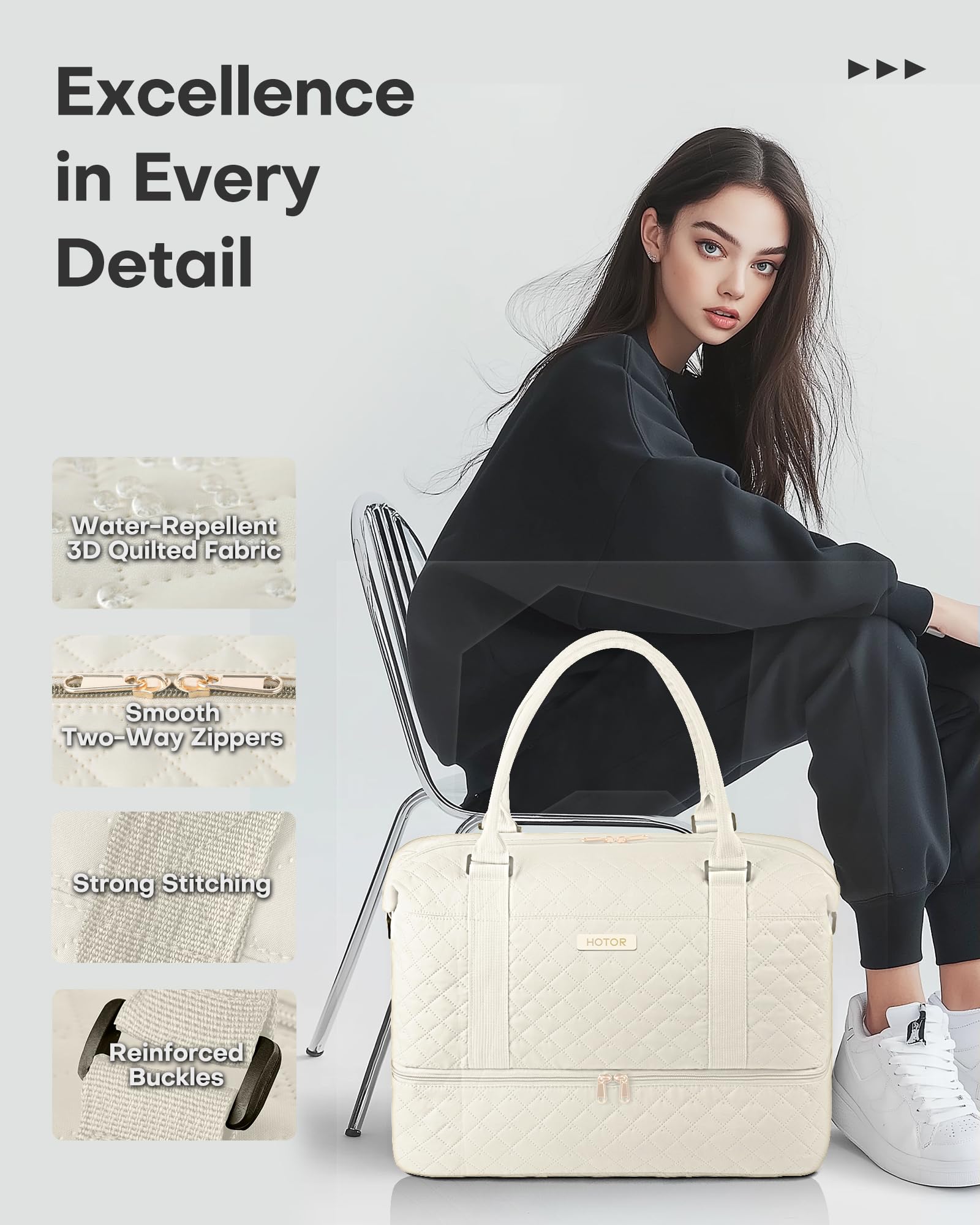 HOTOR Travel Bags for Women - Lightweight Overnight Holdall Bag, Large Carry on Luggage Weekend Bag with Shoe Compartment & Toiletry Bag, Travel Duffel Sport Gym Tote, Black, 34.0 x 45.0 x 20.0 cm