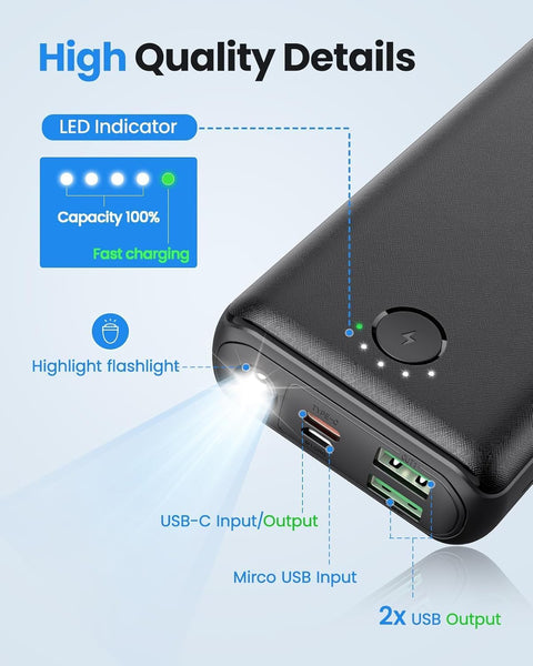 Power Bank 27000mAh Powerbank Fast Charging 22.5W QC 4.0 Portable Charger with Outputs Inputs Flashlight USB C Battery Pack, Ultra-High Capacity Compatible for iPhone Samsung Huawei