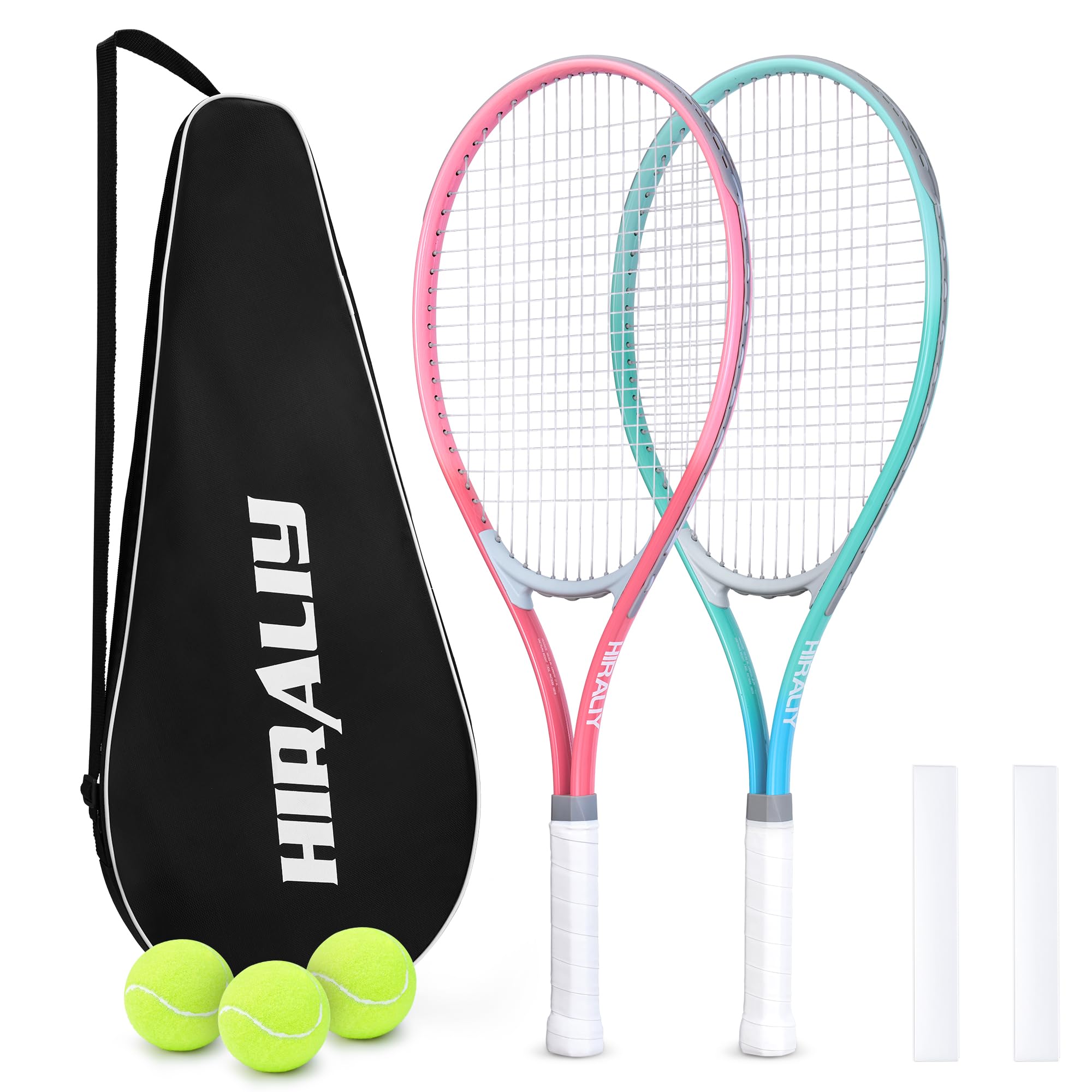 HIRALIY 27" Tennis Rackets Set of 2, 3 Tennis Balls, 2 Racquets, 2 Overgrip Tapes and 1 Carrying Bag Outdoor Recreational Sport Game (Pink/Green)