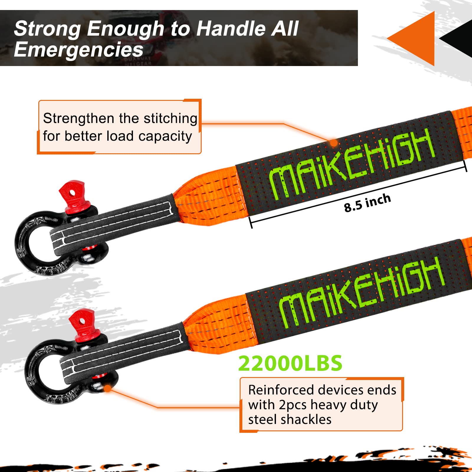 MAIKEHIGH Towing Rope 15 Ton (33,700 Lbs), 6M x 7.6cm Off-Road Recovery Tow Strap with 2 Gloves for Car, Truck, SUV, Snow (Green)