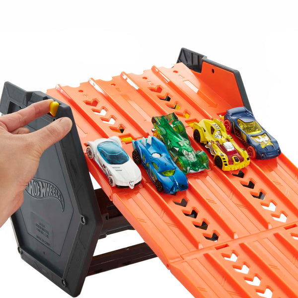 Hot Wheels Track Builder Action, Roll Out Raceway, Track Set with 5 Lane Racetrack and Toy Storage Bucket, Includes 1 Toy Car, Toys for Ages 4 to 10, One Pack, HGK41