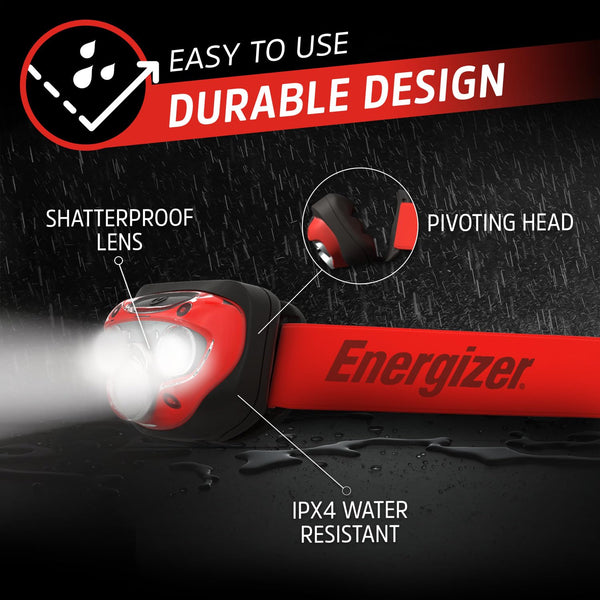 Energizer Vision HD+ Head Torch, Bright Headlamp, Water Resistant, Hands-Free, Lightweight for Indoor and Outdoor Activities, Batteries Included