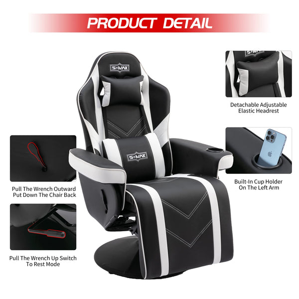 S*MAX Gaming Chair Recliner Height Adjustable Ergonomic Higher Back and Wider Lumbar Support Swivel PU Leather Gaming Chair with Footrest Cup Holder Gamer Chairs for Adults Black X Large