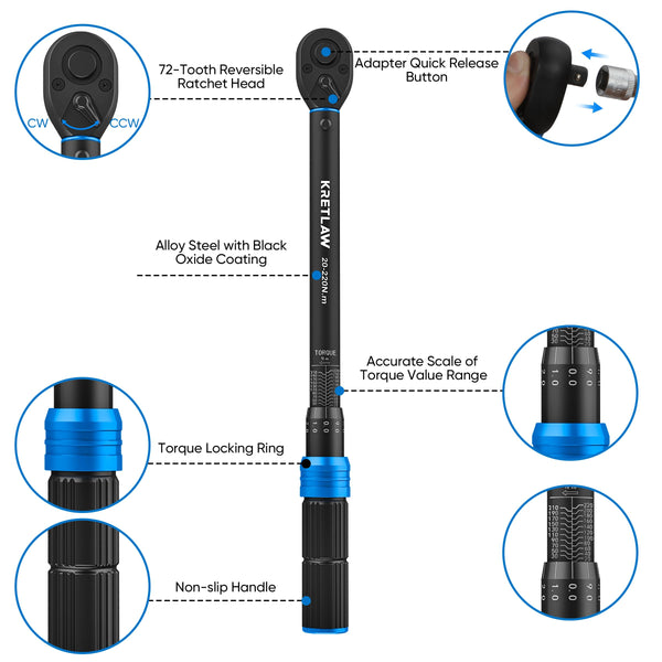 KRETLAW 3/8" Torque Wrench Set 30PCs, 5-60 Nm Drive Click Torque Wrench (72 Teeth ±3% Accuracy) with Extensions, Sockets, Adapter for Bike and Motorcycle Car Truck Maintenance