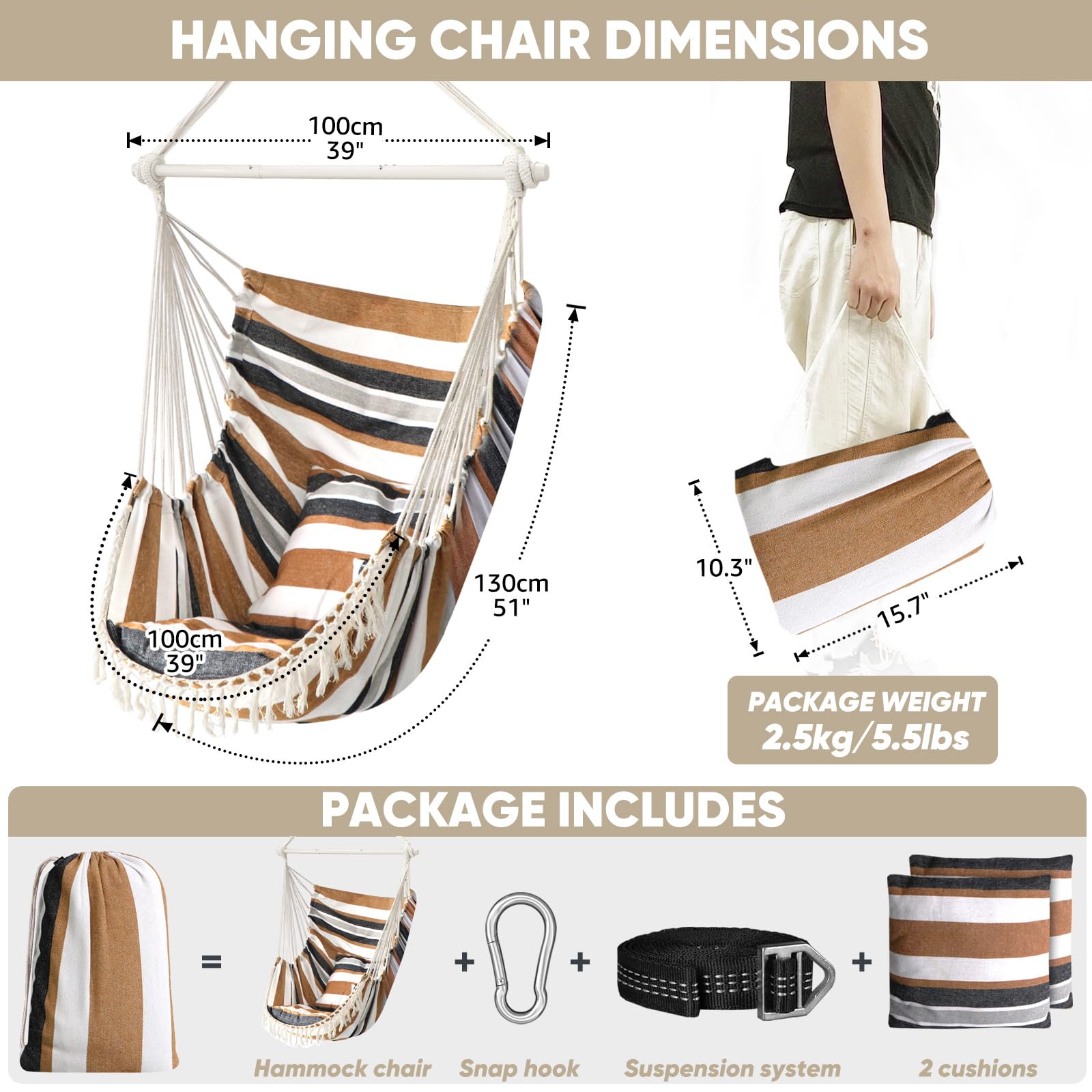 Chihee Hammock Chair Hanging Swing Max 500 Lbs 2 Cushions Included Steel Spreader Bar with Anti-Slip Grooves Portable Hanging Chair Side Pocket Large