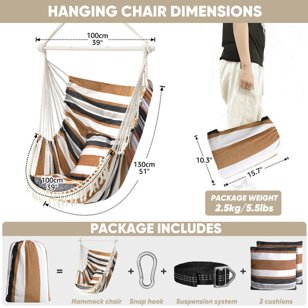 Chihee Hammock Chair Hanging Swing Max 500 Lbs 2 Cushions Included Steel Spreader Bar with Anti-Slip Grooves Portable Hanging Chair Side Pocket Large