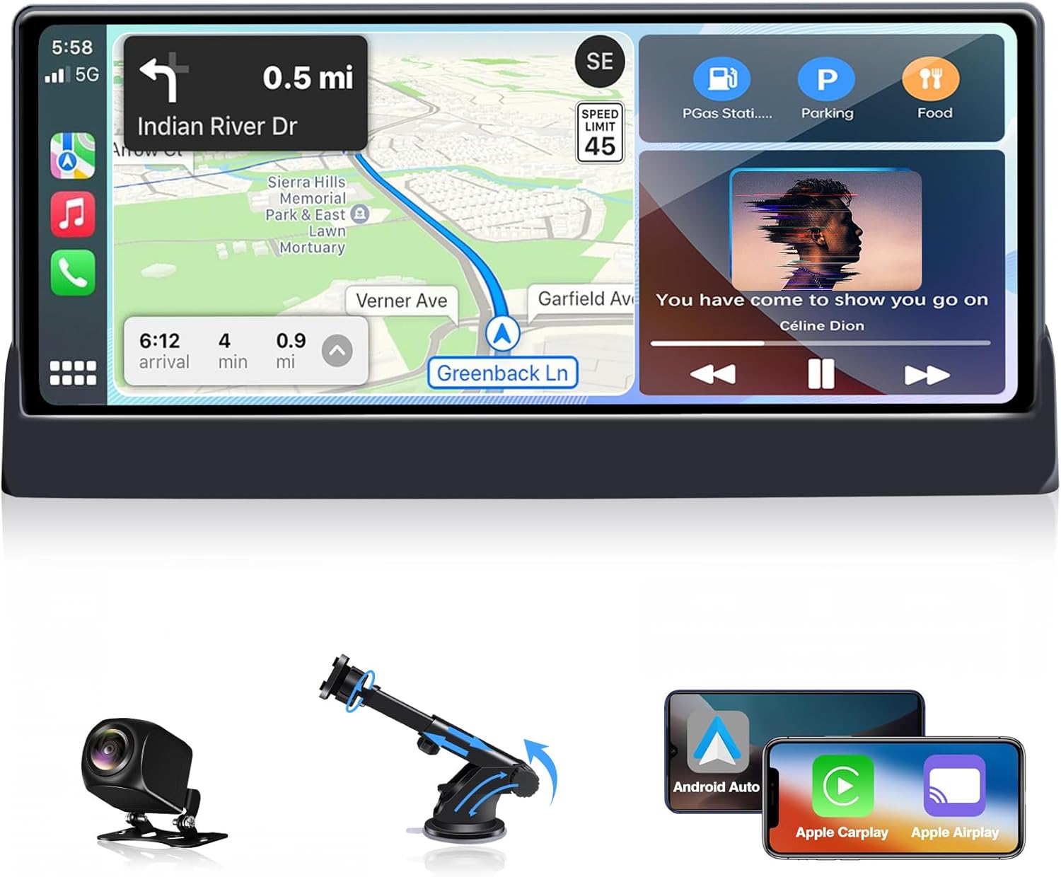 【Unique Bracket】10.26" Apple Carplay Screen Apple Car Play & Android Auto GPS Navigation Touch Screen with 1080P Reversing Camera Car Audio Receivers with FM/Bluetooth/Mirror Link/Siri