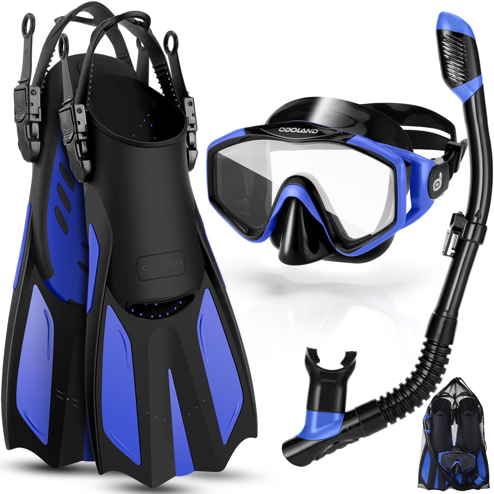 Odoland Snorkel Set with Diving Mask and Swim Fins, Wide View Dry Top Scuba and Flippers, Anti-Fog Anti-Leak Snorkeling Gear for Men Women Adult and