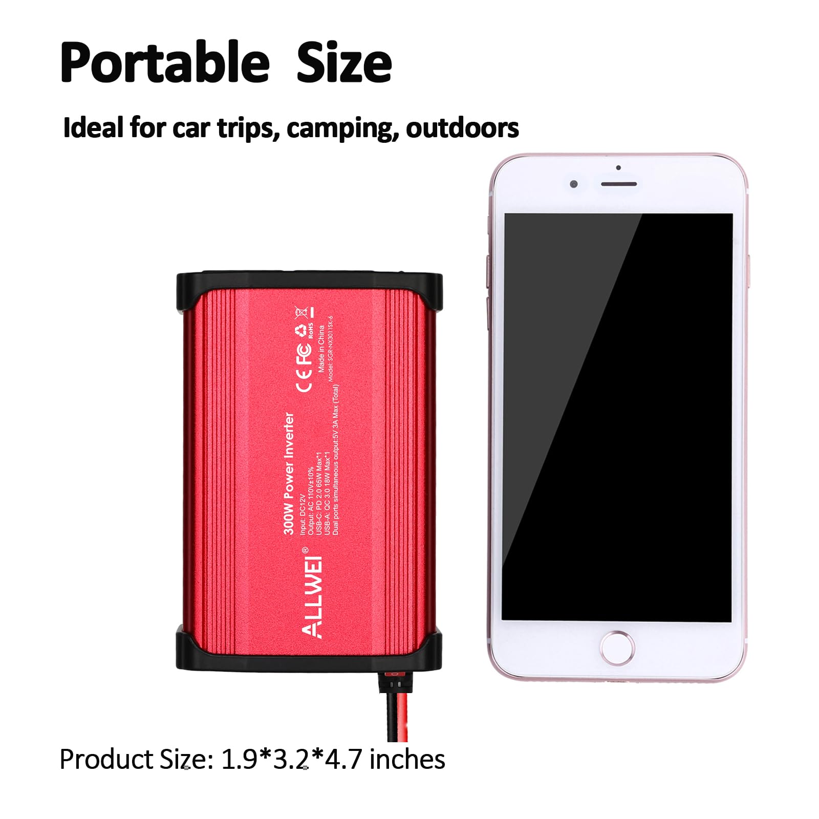 ALLWEI 300W Car Power Inverter with 27W USB-C and 3.0 USB Port - DC 12V to 240V / 230V AC Power inverters for Vehicles Converter Fast Charging Ports Car Charger Adapter (Red)