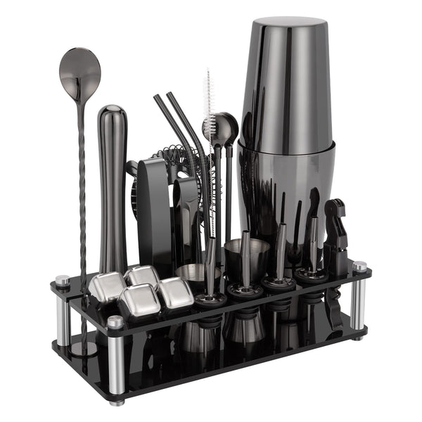 KinGrow Cocktail Shaker Set, 23-Piece Boston Stainless Steel Bartender Kit with Acrylic Stand & Cocktail Recipes Booklet, Professional Bar Tools for