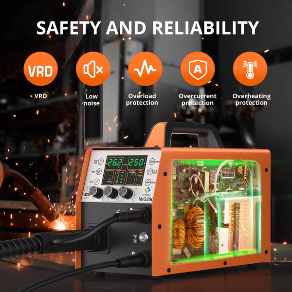 HITBOX 6 in 1 MIG Welder Gas/Gasless 250A 240V LED Digital MIG Welding Machine Flux Solid Wire MIG ARC Lift TIG Inverter Welders, Aluminum Weldable(MIG250)