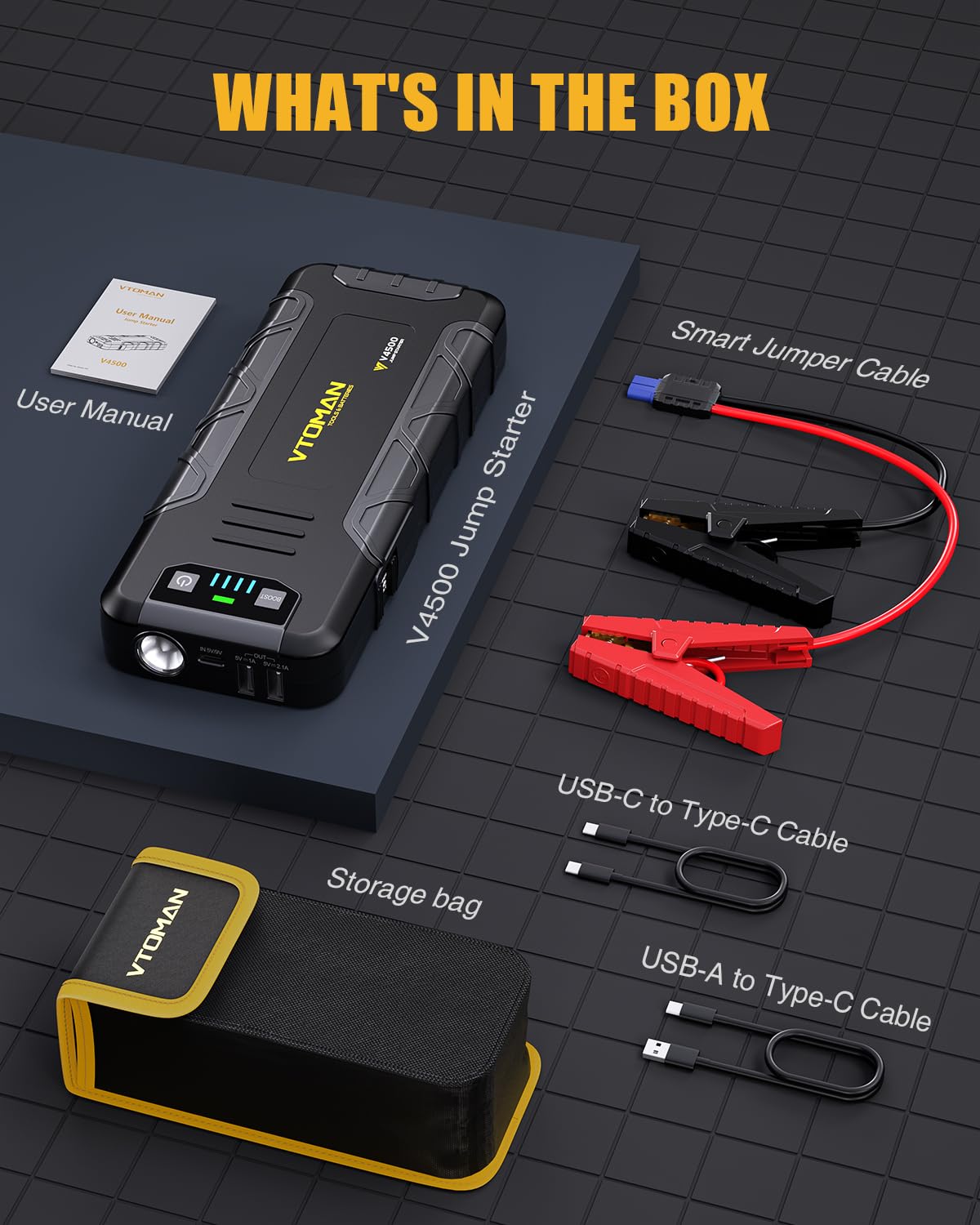 VTOMAN V2500 2500A Jump Starter Power Pack - Portable 12V Car Battery Booster Jump Starter with Jump Leads(Up to 8.0L Gas or 6.0L Diesel Engine), LED Flashlight, Quick Charge, 15V DC Port