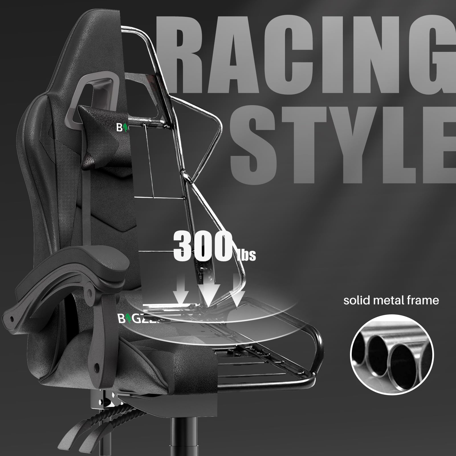 bigzzia Ergonomic Gaming Chair - Gamer Chairs with Lumbar Cushion + Headrest, Height-Adjustable Office & Computer Chair for Adults (without footrest, White)