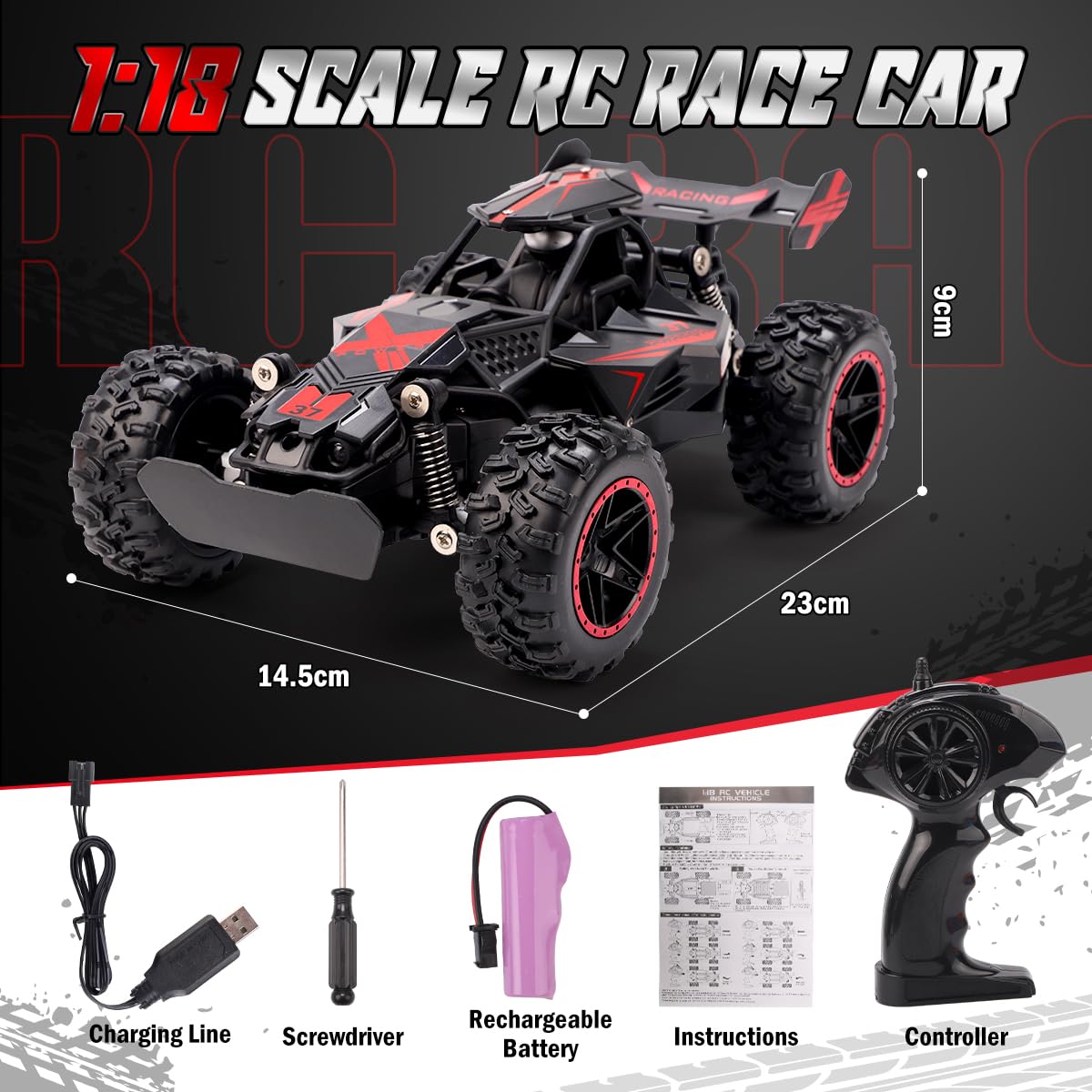 RUIDYA Kids RC Race Cars, 2.4GHz 1:18 Scale Off-road Remote Control Car Toy for Children with LED Light, Rechargeable High Speed All Terrain RC Drift Vehicle, Birthday Gift for 3+ Year Old Boys Girls