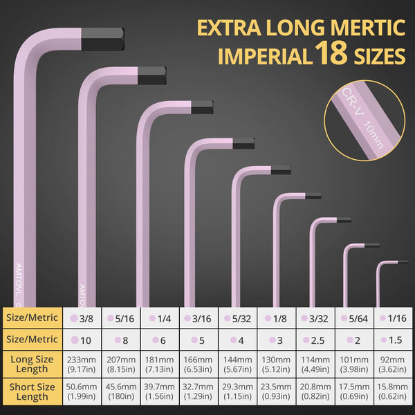 AMTOVL Hex Key Set, Allen Wrench Set, 18PCS Metric and SAE Allen Key Set Extra Long with Ball End T-Handle CRV & S2 Steel 1.5mm-10mm, 1/16-3/8