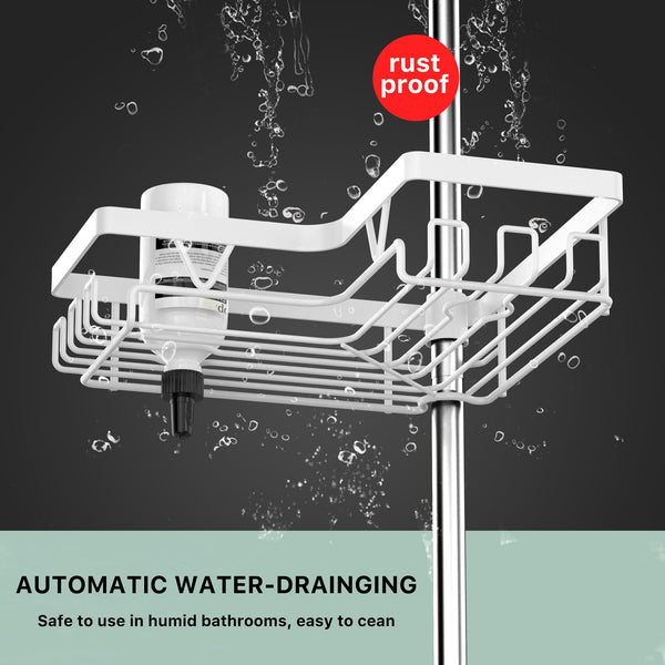 Kegii Telescopic Shower Caddy Corner - Stainless Steel Shower Shelf No Drilling Bathroom Caddy with Soap Holder and Hooks(White), On The Bath or Stand Up Shower