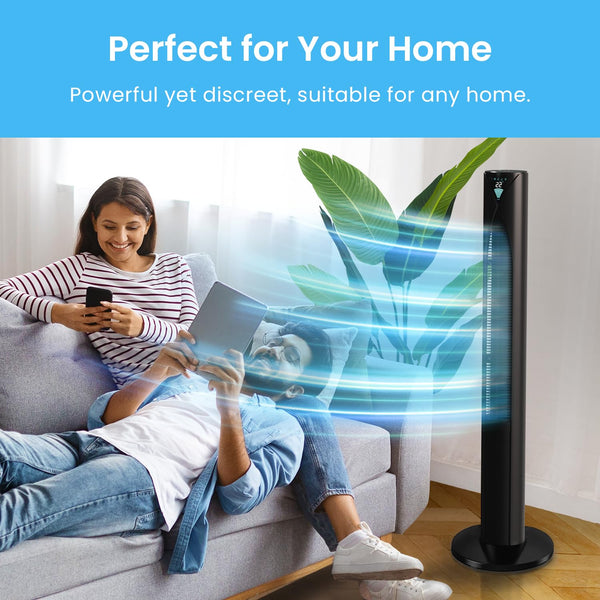 Pro Breeze Bladeless Tower Fan Quiet & Portable with Remote Control, 90° Oscillation, 15h Timer, 4 Modes, 3 Speeds - Powerful Electric 45W Motor Standing Air Circulator for Bedroom & Office