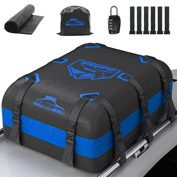 Rymopuey Roof Bag 15 Cubic/425 L, Waterproof Car Roof Bag No Rack Needed, Roof Box with Anti-Slip Mat and 6 Heavy-Duty Straps, Folding Soft Car Roof Box for Cars with/Without Rack (Blue 425 L)