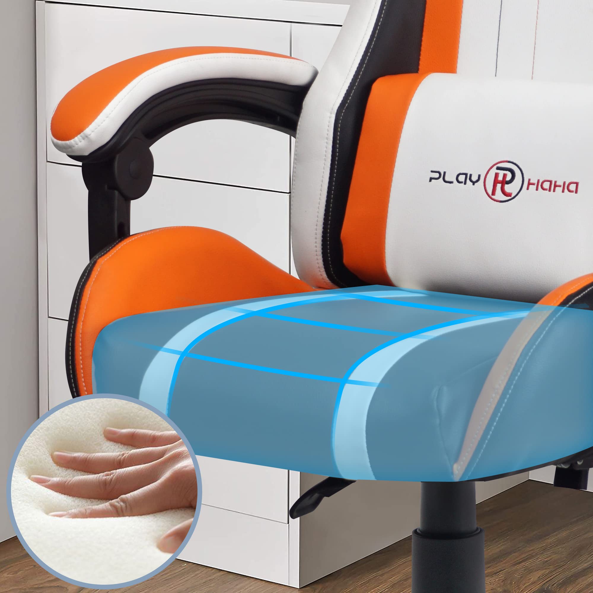 T-THREE.Ergonomic Leather Gaming Chair Height Adjustable with Headrest and Lumbar Support(Orange)