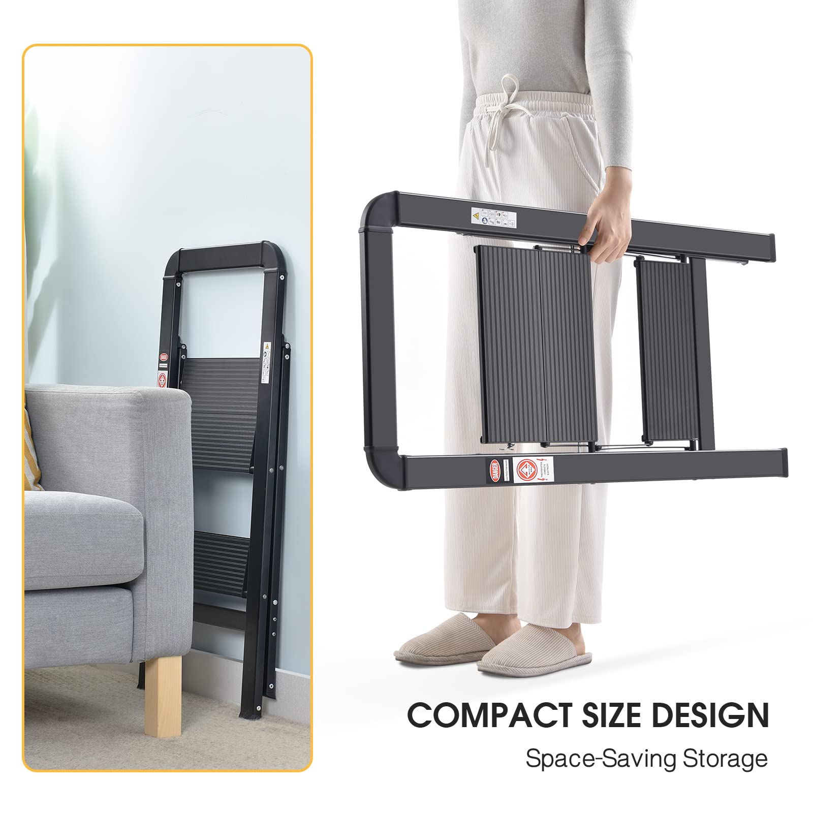 KINGRACK 2 Step Ladder with Handrail, Non-Slip Household Ladder with Folding Safety, Aluminium Folding Step Stool, Maximum Load 150 kg, Black