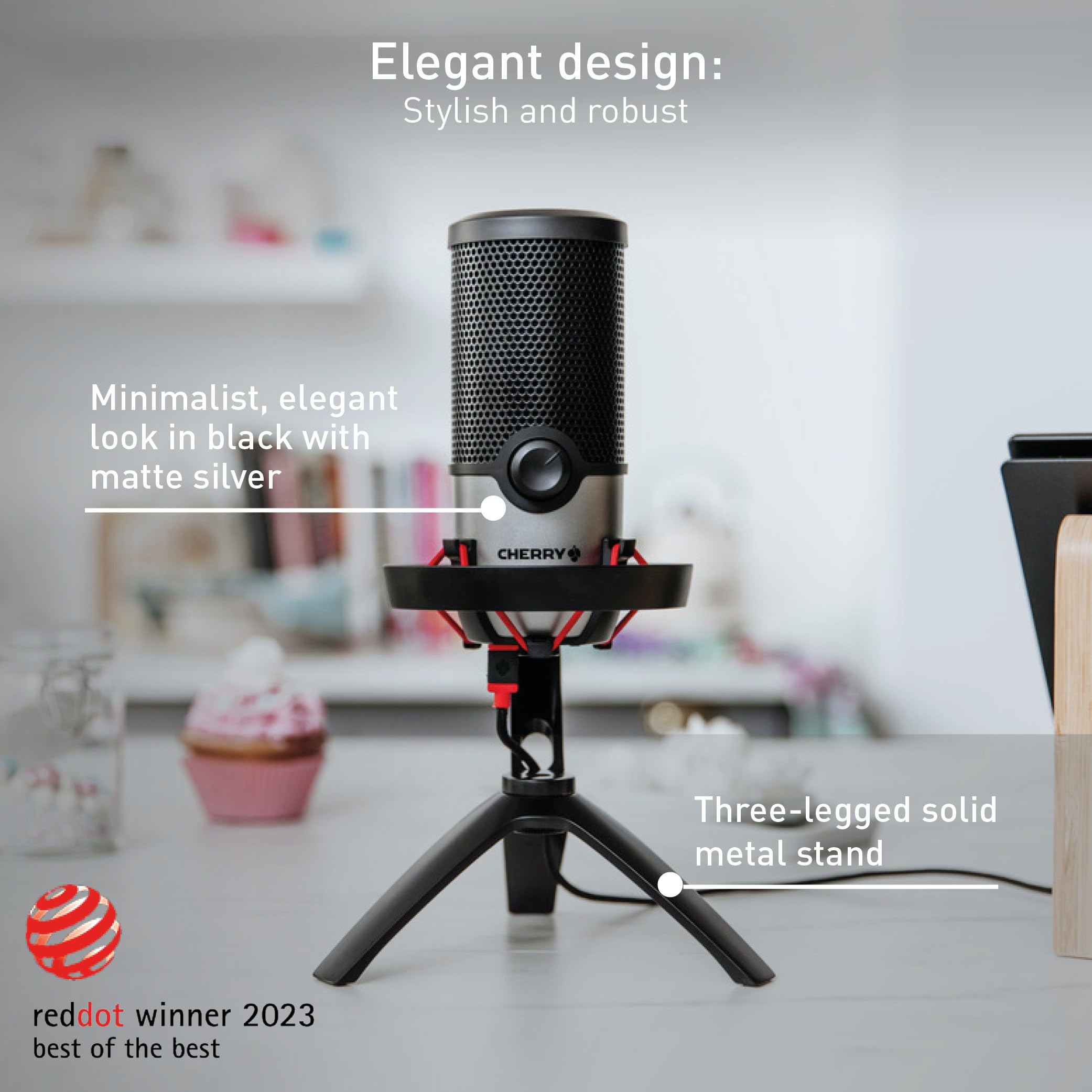 CHERRY UM 3.0, USB Microphone for Podcasts, Streaming, Home Office, Cardioid Characteristic, Headphone Connection, Compatible with PC/Mac/PS4/PS5, Black