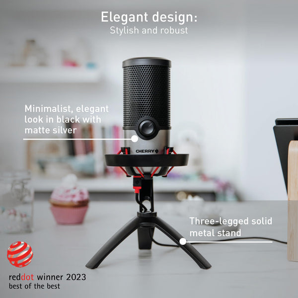 CHERRY UM 3.0, USB Microphone for Podcasts, Streaming, Home Office, Cardioid Characteristic, Headphone Connection, Compatible with PC/Mac/PS4/PS5, Black