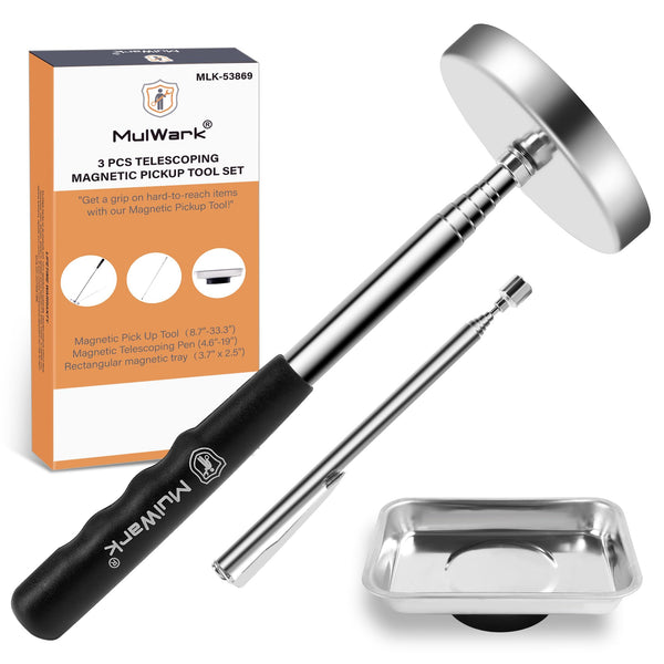 Mulwark Magnetic Sweeper Telescoping Pick-up Tool, 35LB Magnetic Stick, 1lb Magnetic Telescoping Pen, Magnetic Tray. Ideal for Picking up Nails, Screws, and Metal Debris