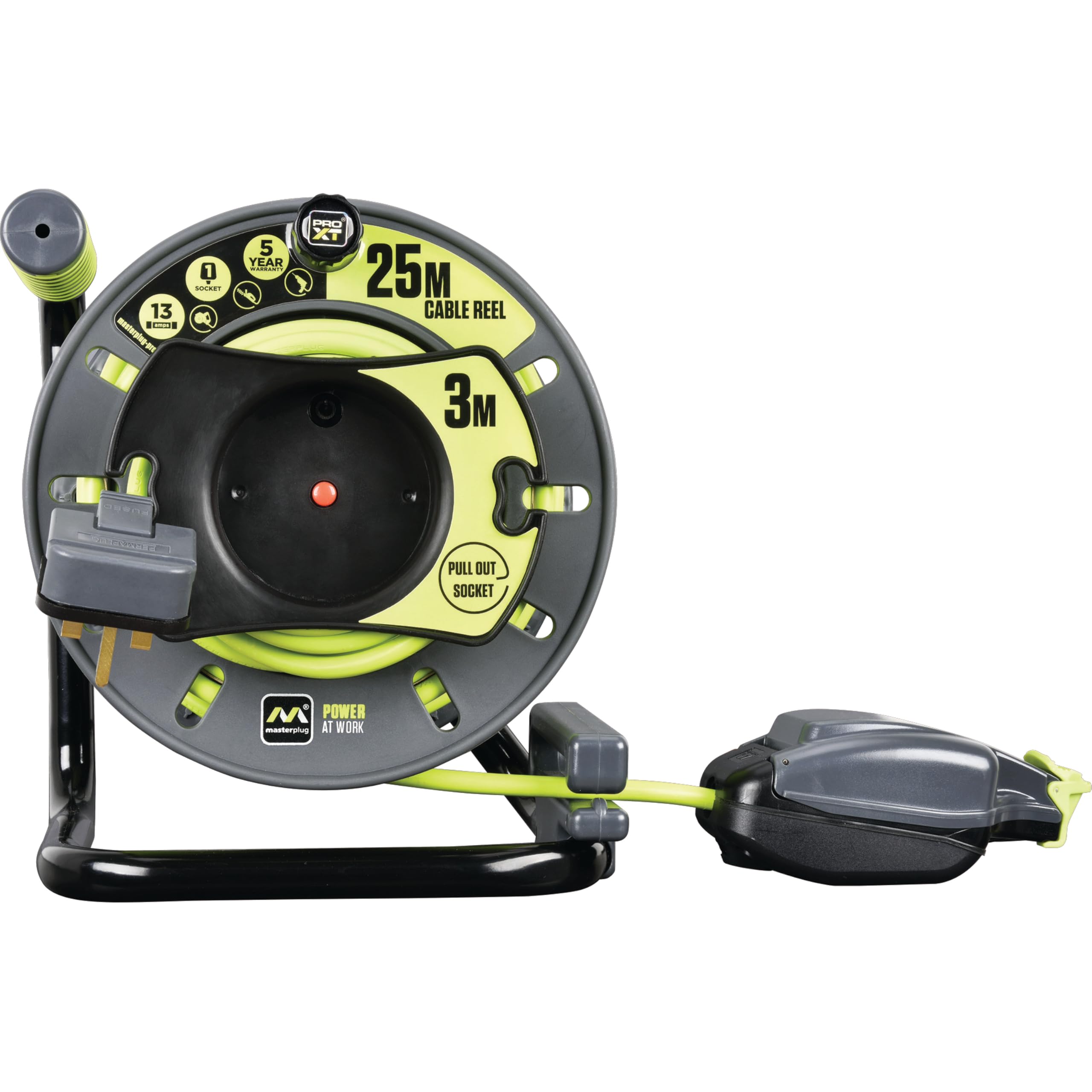 Masterplug Pro-XT Four Socket Open Cable Reel Extension Lead with Winding Handle, Thermal Cut Out and Power Switch, 25 Metres High Visibility Cable , Green