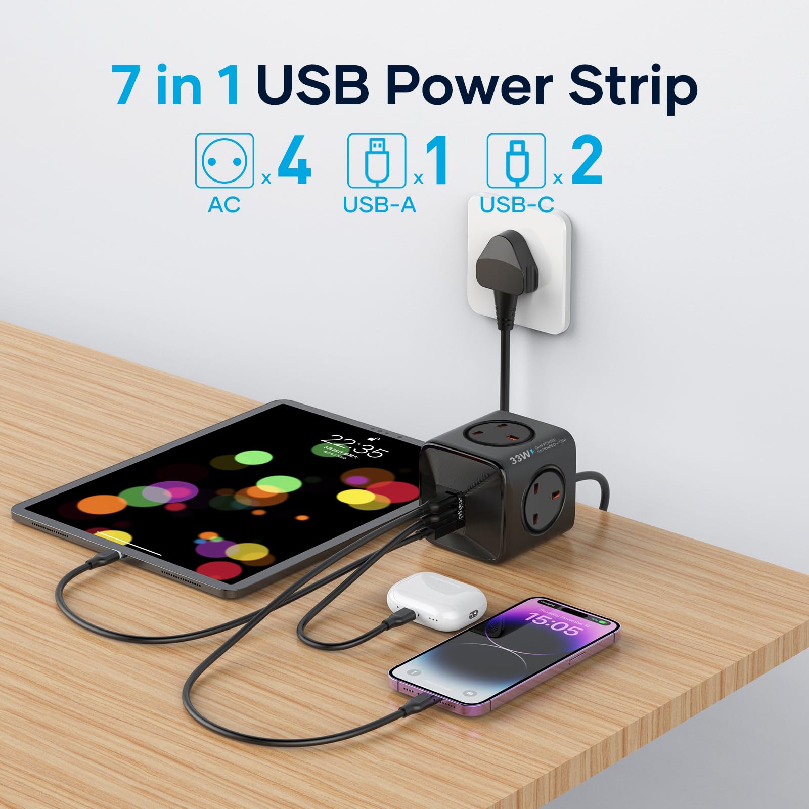 Socket Cube USB C Power Strip with 4 Outlets 3250W and 30W USB C Charging for iPhone 16/15/14, iPad,MacBook, Galaxy, Power Delivery Charging for Game, Dorm Rooms, Home, Office, White